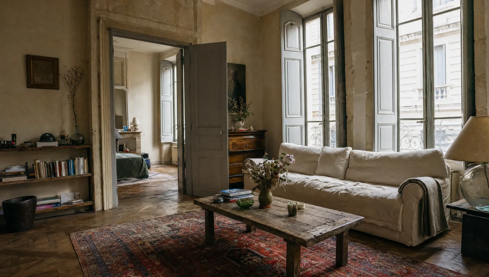 Salon d'un appartement ancien du centre de Montpellier avec un tapis persan rouge et bleu sous une table basse (illustration)